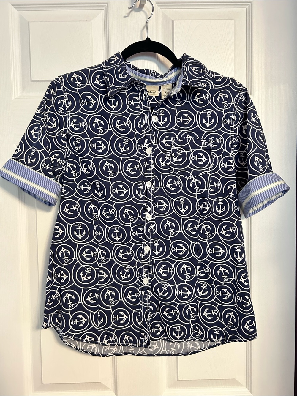 L.L. Bean Navy and White Anchor-Print Short-Sleeve Button-Down